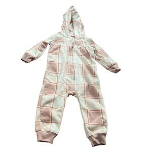 Carter's Pink Plaid Girl Hooded‎ Fleece Zip Jumpsuit Size 12 Months Heart Cozy
